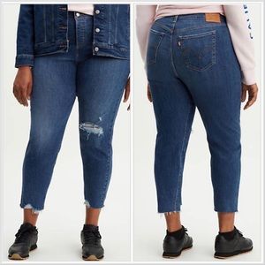 Plus High-Rise Distressed Cropped Jeans - Dark Blue